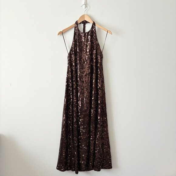 Zara Festive Sequin Halter Maxi Dress Brown NWT Size Small - Picture 7 of 12